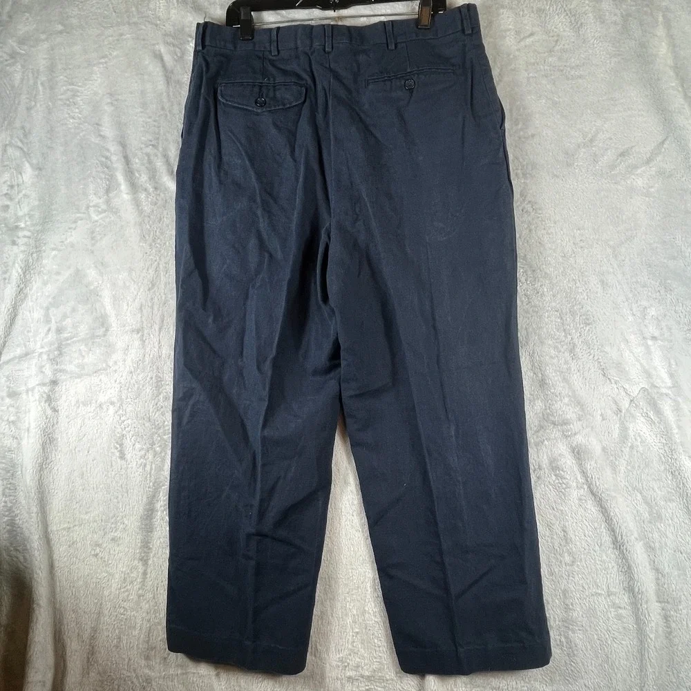 VTG Eddie Bauer Mens 36 Tall Linen Pleated Pants Navy Blue USA Suspender Buttons